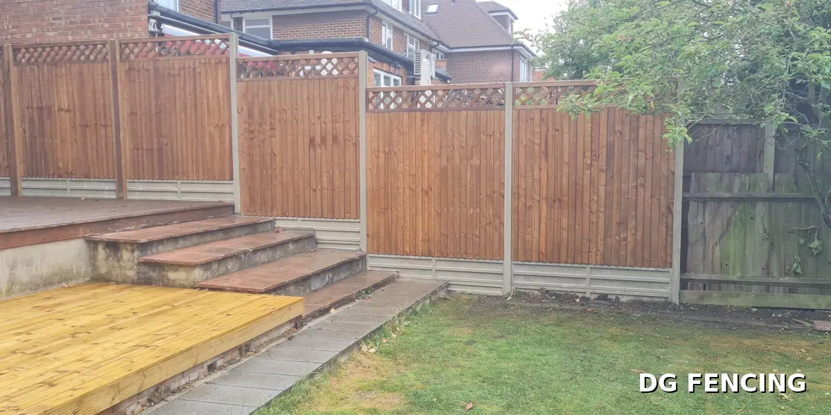 After: finished garden with trellis-top fencing, new decking and tidy steps