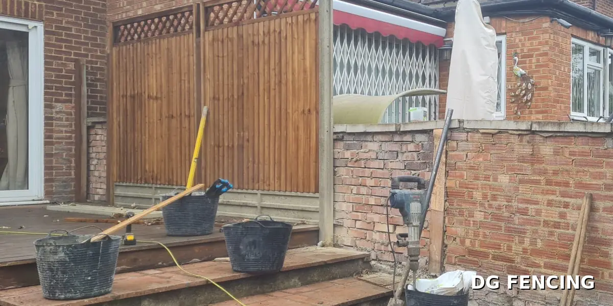 Before: the same garden mid-renovation with tools and exposed brickwork
